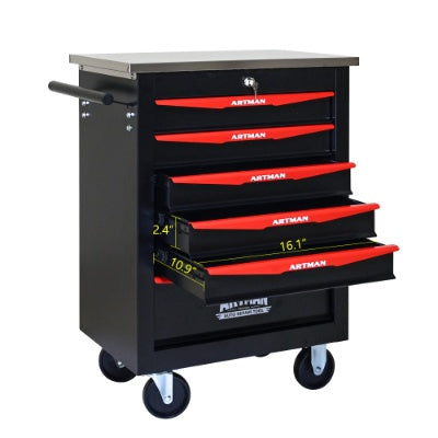 6 Drawers Multifunctional Tool Cart With Wheels,Metal Rolling Tool Cart Storage For Garage Workshop Warehouse Repair Shop--With Stainless Steel Roof- BLACK RED