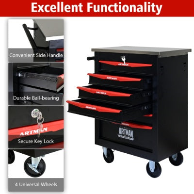 6 Drawers Multifunctional Tool Cart With Wheels,Metal Rolling Tool Cart Storage For Garage Workshop Warehouse Repair Shop--With Stainless Steel Roof- BLACK RED