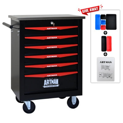 6 Drawers Multifunctional Tool Cart With Wheels,Metal Rolling Tool Cart Storage For Garage Workshop Warehouse Repair Shop--With Stainless Steel Roof- BLACK RED