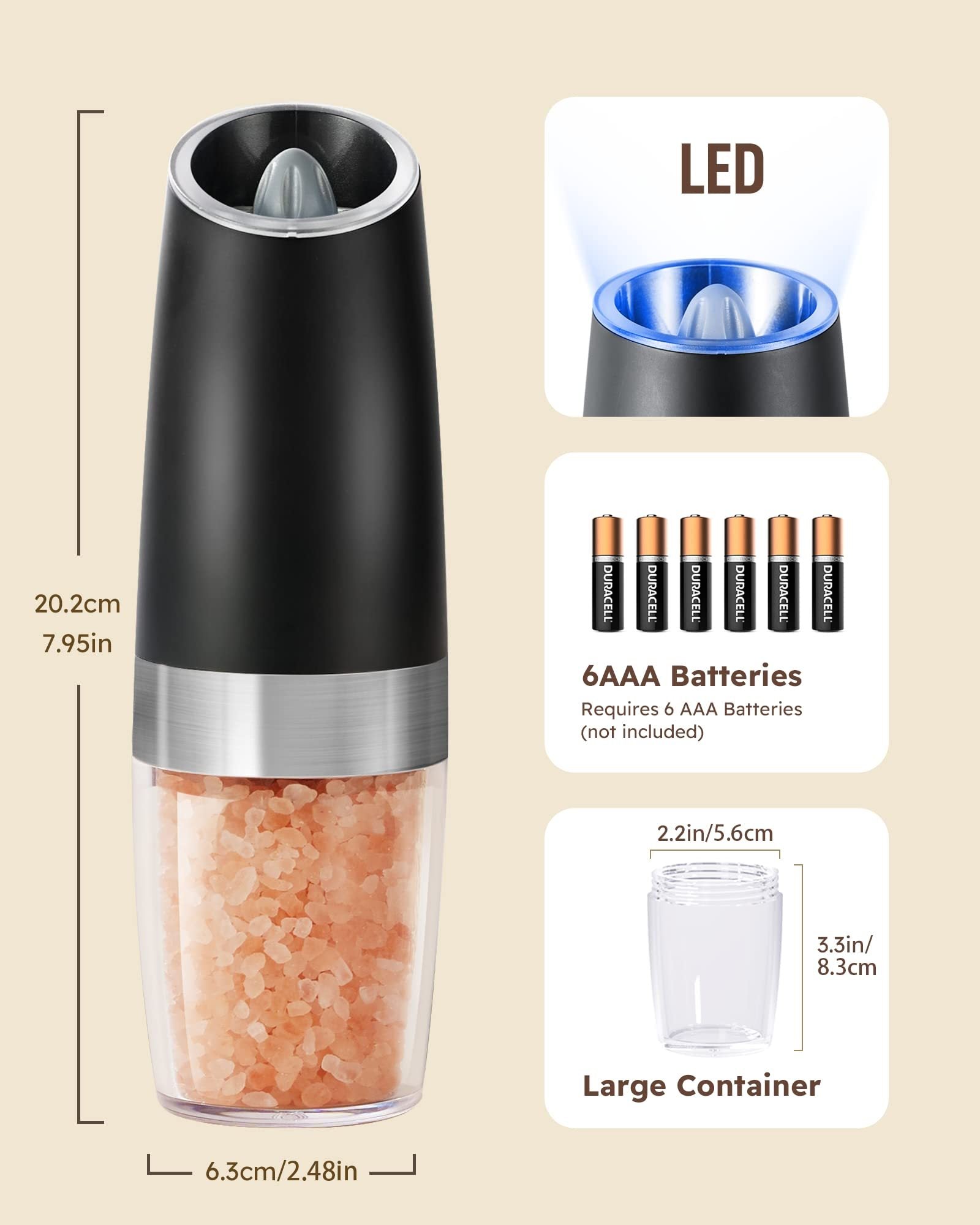 Gravity Electric Salt And Pepper Grinder Set Automatic Shakers Mill Grinder With LED Light, Battery Powered Adjustable Coarseness One Hand Operation, Upgraded Larger Capacity - SuperSupply