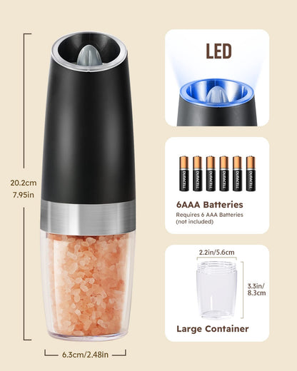 Gravity Electric Salt And Pepper Grinder Set Automatic Shakers Mill Grinder With LED Light, Battery Powered Adjustable Coarseness One Hand Operation, Upgraded Larger Capacity - SuperSupply