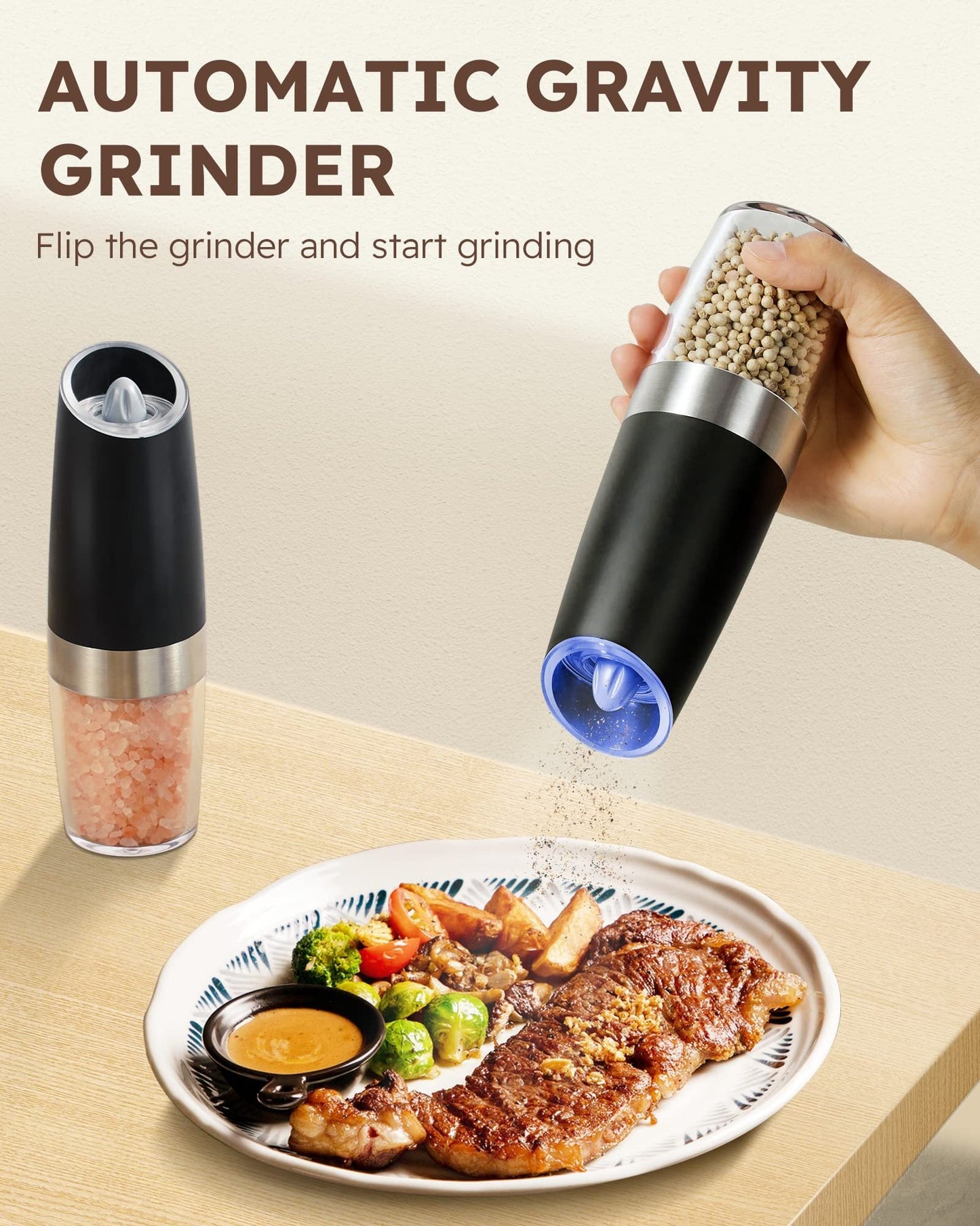 Gravity Electric Salt And Pepper Grinder Set Automatic Shakers Mill Grinder With LED Light, Battery Powered Adjustable Coarseness One Hand Operation, Upgraded Larger Capacity - SuperSupply