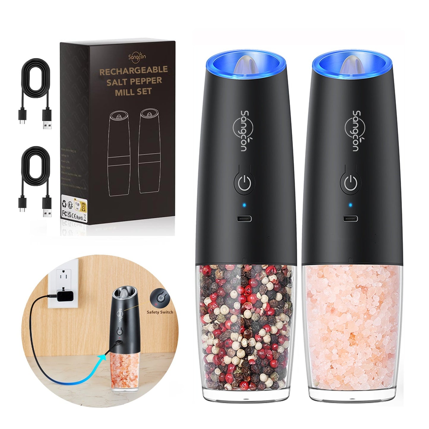 Gravity Electric Salt And Pepper Grinder Set Automatic Shakers Mill Grinder With LED Light, Battery Powered Adjustable Coarseness One Hand Operation, Upgraded Larger Capacity - SuperSupply