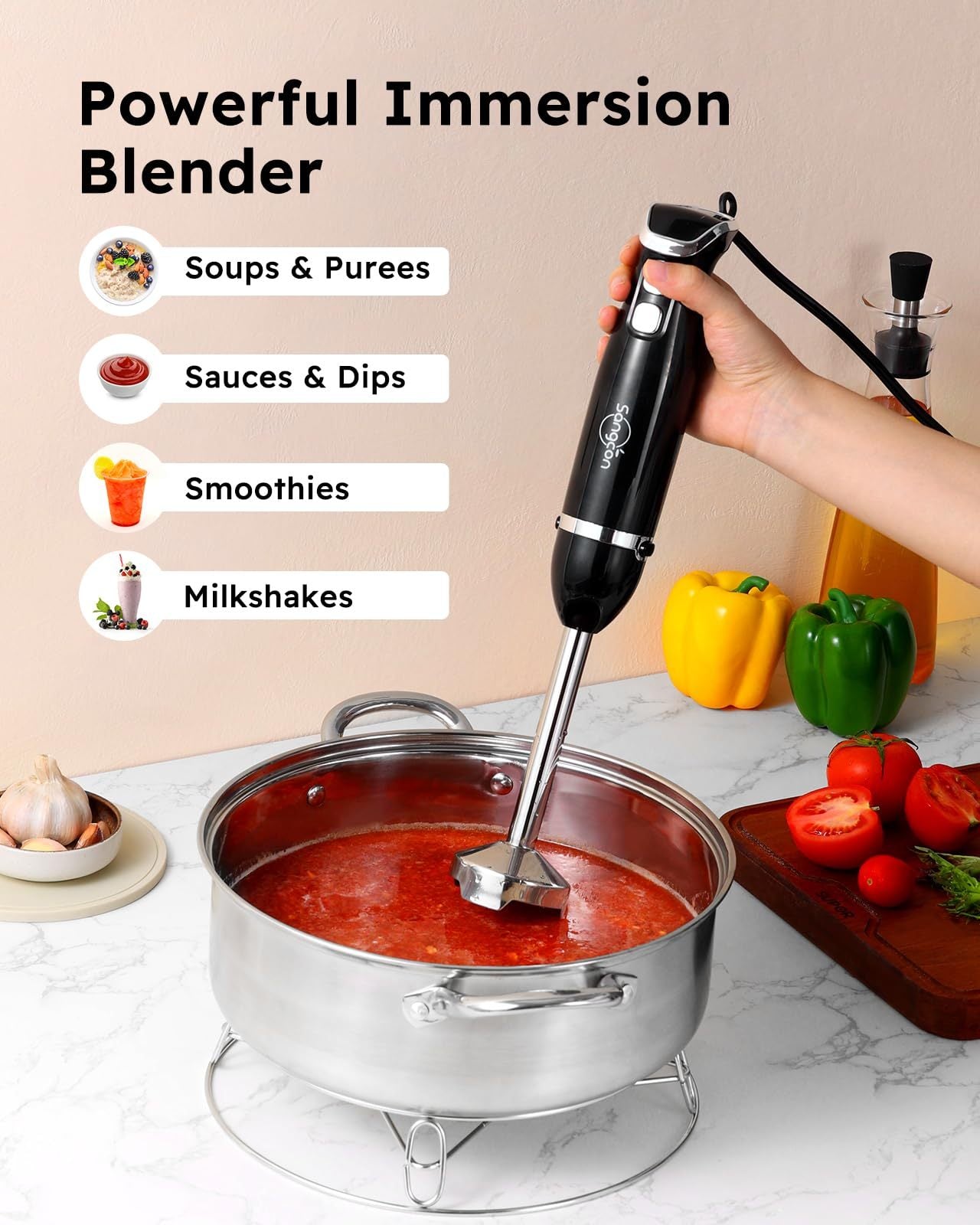 Immersion Blender Handheld, 3 - in - 1 Hand Blender Electric, 400W Handheld Blender, Stainless Steel Blade Stick Blender With Whisk, Milk Frother Attachments - Black - SuperSupply