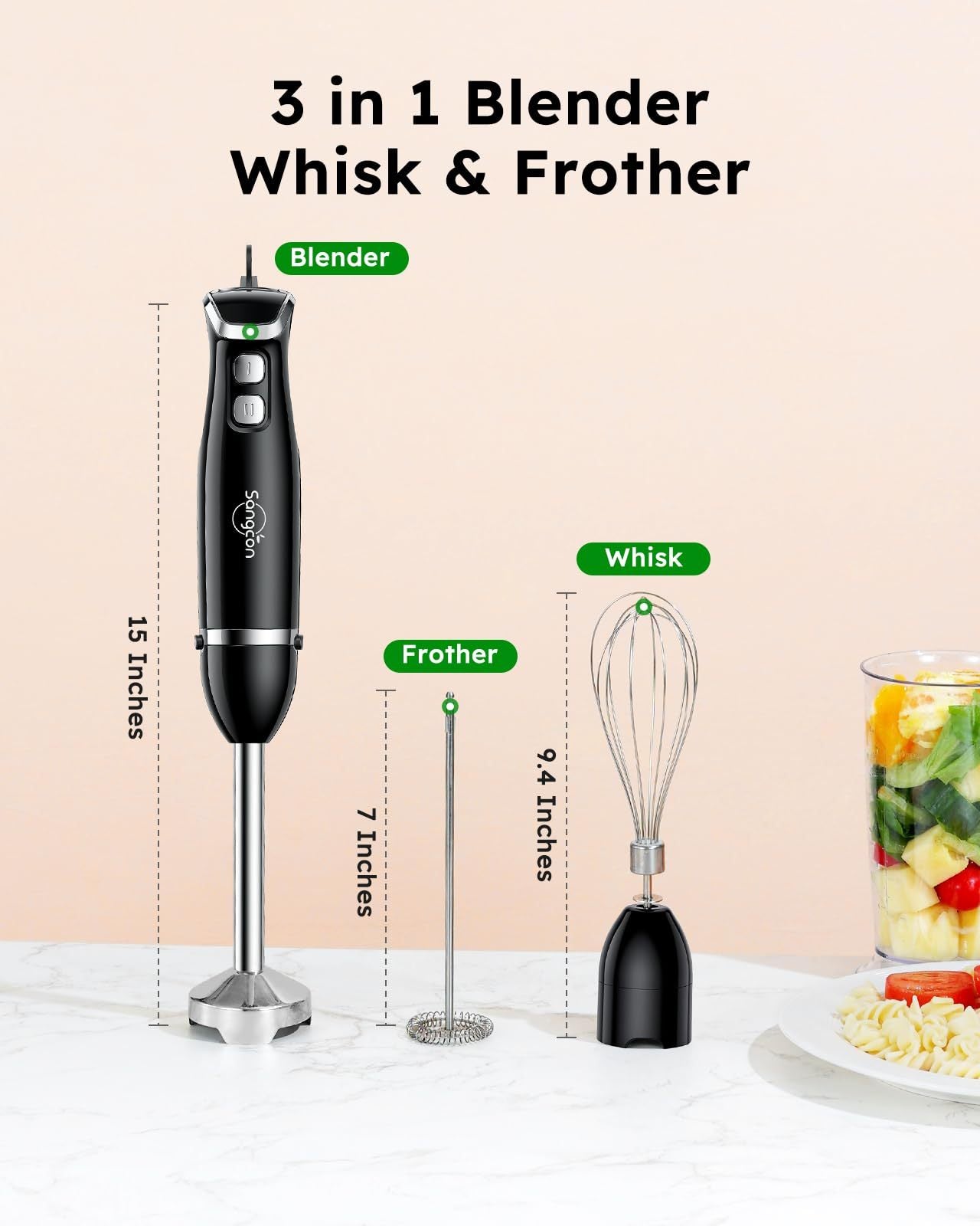 Immersion Blender Handheld, 3 - in - 1 Hand Blender Electric, 400W Handheld Blender, Stainless Steel Blade Stick Blender With Whisk, Milk Frother Attachments - Black - SuperSupply