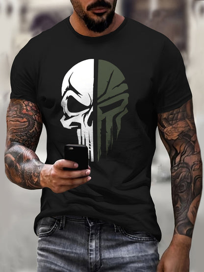 Men's Fashionable Skull Pattern Shirt, Casual Breathable Round Neck Short Sleeved T-shirt, Suitable For City Strolling, Street Hanging, Outdoor Activities - SuperSupply