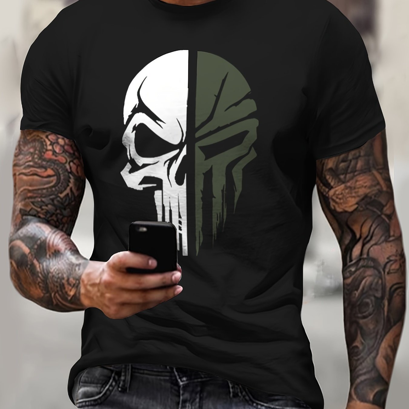 Men's Fashionable Skull Pattern Shirt, Casual Breathable Round Neck Short Sleeved T-shirt, Suitable For City Strolling, Street Hanging, Outdoor Activities - SuperSupply