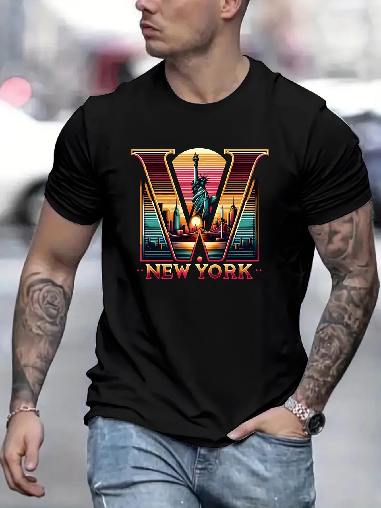 New York Graphic Men's Short Sleeved T-shirt, Comfortable Elastic Fashionable Summer T-shirt, Casual Daily Style Fashionable Clothing, As A Gift - SuperSupply