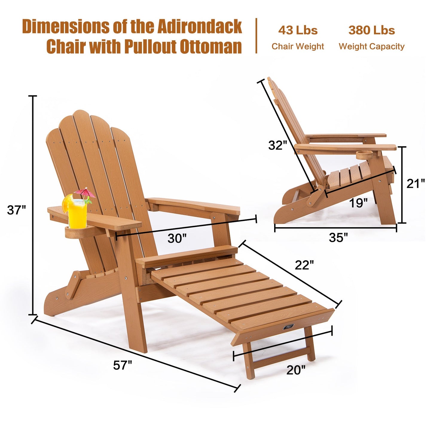 TALE Folding Adirondack Chair With Pullout Ottoman With Cup Holder, Oaversized, Poly Lumber, For Patio Deck Garden, Backyard Furniture, Easy To Install,.Banned From Selling On Amazon - SuperSupply